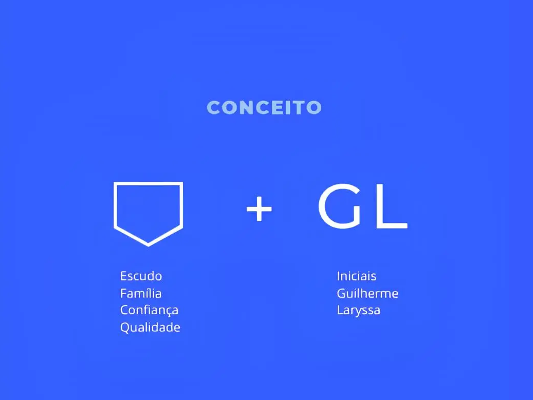 Conceito do logo GL PLAST — escudo da família com as iniciais GL de Guilherme e Laryssa