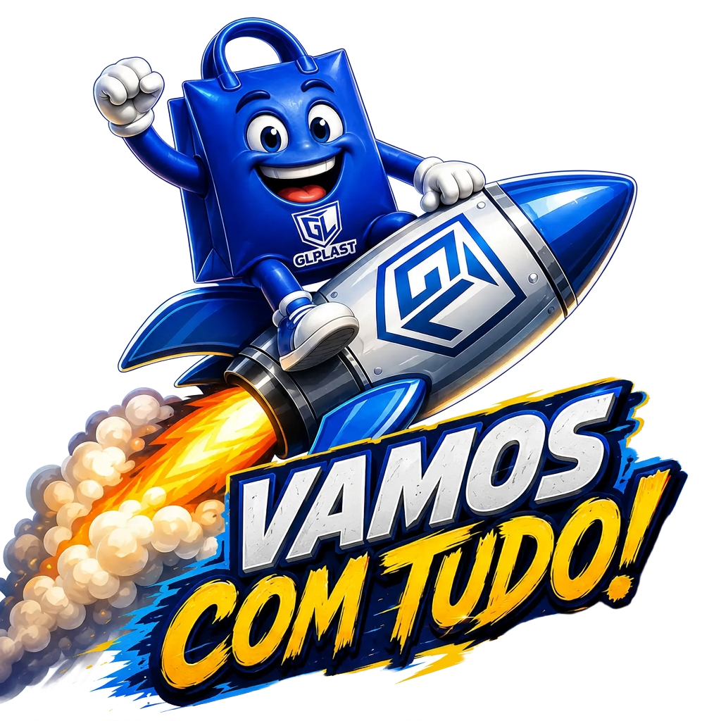 Mascote GL PLAST voando em um foguete com a frase Vamos com Tudo!