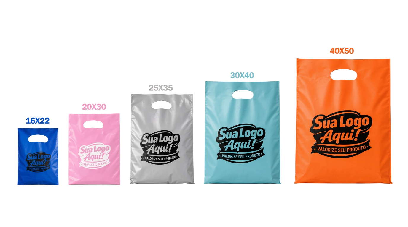 Comparação visual dos tamanhos de sacolas: 16x22, 20x30, 25x35, 30x40 e 40x50 cm
